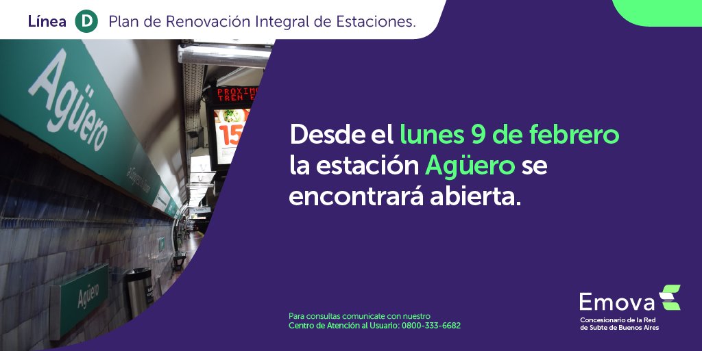 Emova_arg's tweet image. 🚨 ¡Atención usuarios!

👉 Desde el lunes 9 de febrero, la estación Agüero de la #LíneaD estará operativa.