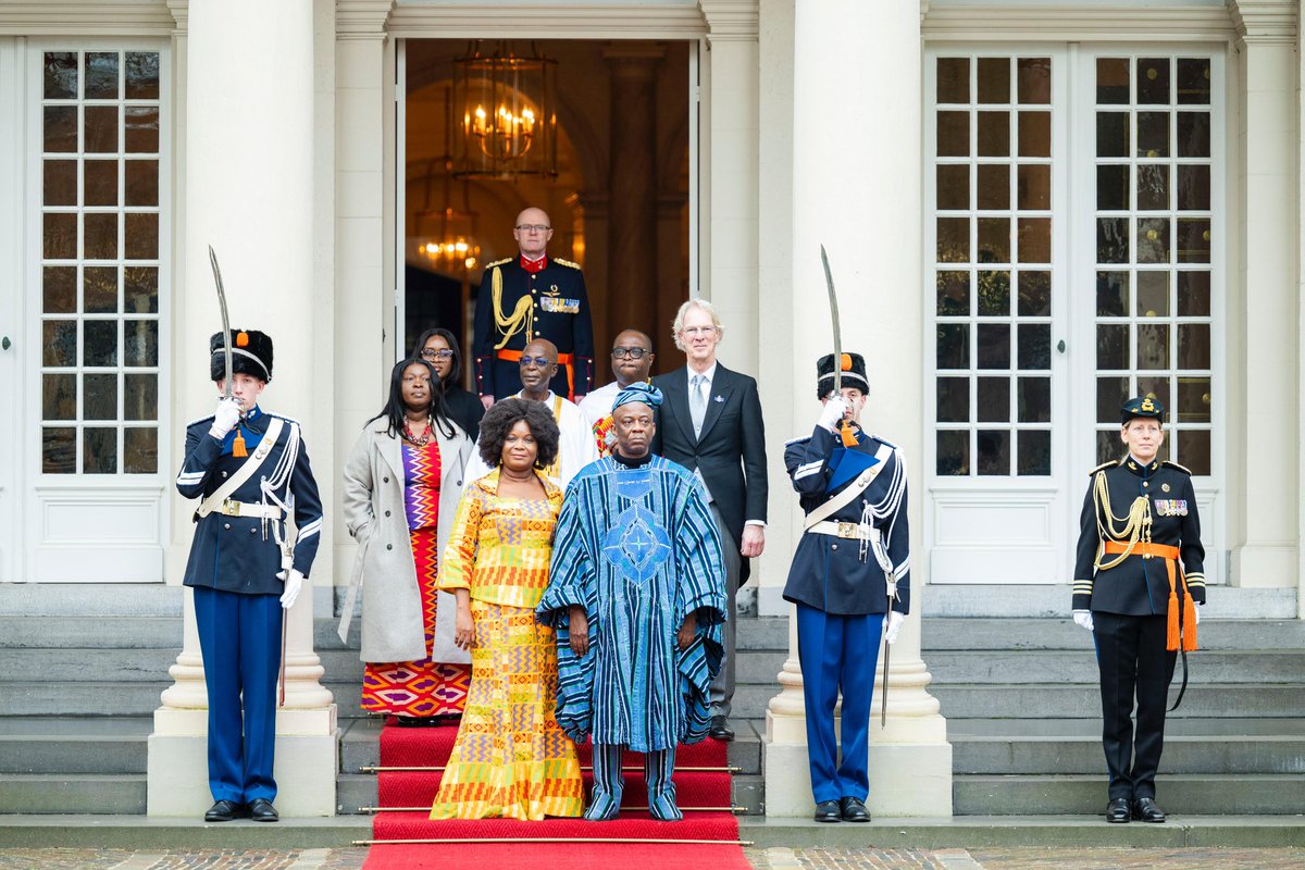GhanaEmbNL's tweet photo. Ghana’s Ambassador to the Netherlands, H.E. Eddison Mensah Agbenyagah, presented his Letters of Credence to King Willem-Alexander on 4 Feb 2026 at the Royal Palace in The Hague, reaffirming Ghana’s commitment to strengthening bilateral cooperation for shared development. https://t.co/V3nRSoS9I0