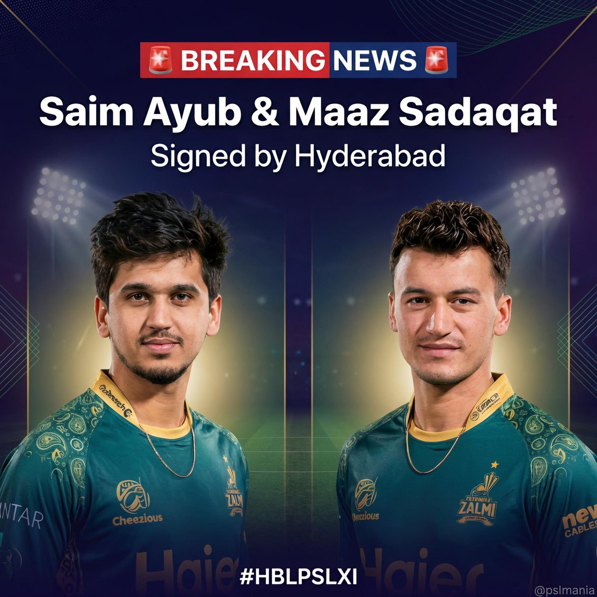 HassanA47279's tweet image. 🚨 BREAKING NEWS 🚨

Saim Ayub and Maaz Sadaqat have been signed by #Hyderabad for the upcoming #HBLPSLXI 🔥

#PSLMania | #PSLNewEra