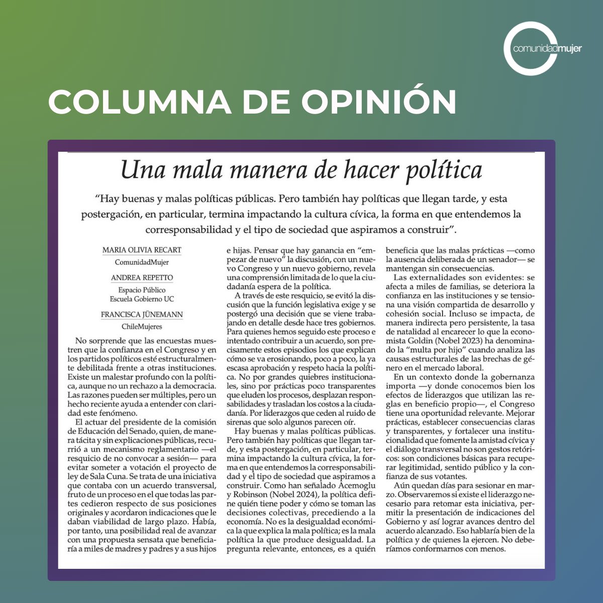 [Proyecto #SalaCuna] Cuando existe una oportunidad concreta de avanzar en una propuesta que beneficiaría a miles de madres, padres y sus hijas/os, es clave retomar la discusión y avanzar sobre los acuerdos transversales ya alcanzados.
<a href="/ComunidadMujer/">ComunidadMujer</a> <a href="/EsPublicoCL/">Espacio Público</a> <a href="/ChileMujeresOrg/">Fundación ChileMujeres</a>