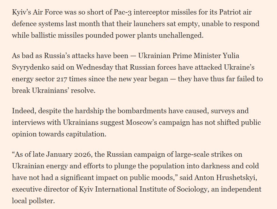 "Kyiv’s Air Force was so short of Pac-3 interceptor missiles for its Patriot air defence systems last month that their launchers sat empty, unable to respond while ballistic missiles pounded power plants unchallenged.  

As bad as Russia’s attacks have been — Ukrainian Prime
