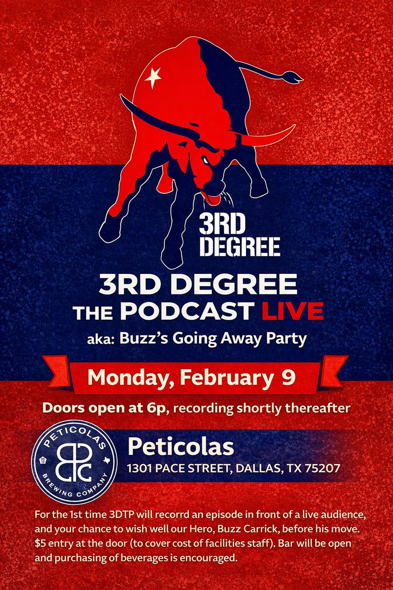 Hey DFW⚽️Curious! Come see 3DtP &amp; its 1st-ever live, in-person episode next Monday. A special evening for many reasons, including as a send-off for Buzz. <a href="/3rdDegreeNet/">3rd Degree</a> will continue as is, but here's your shot to wish him well, thank him for his continued work &amp; hugs. Pls RT.