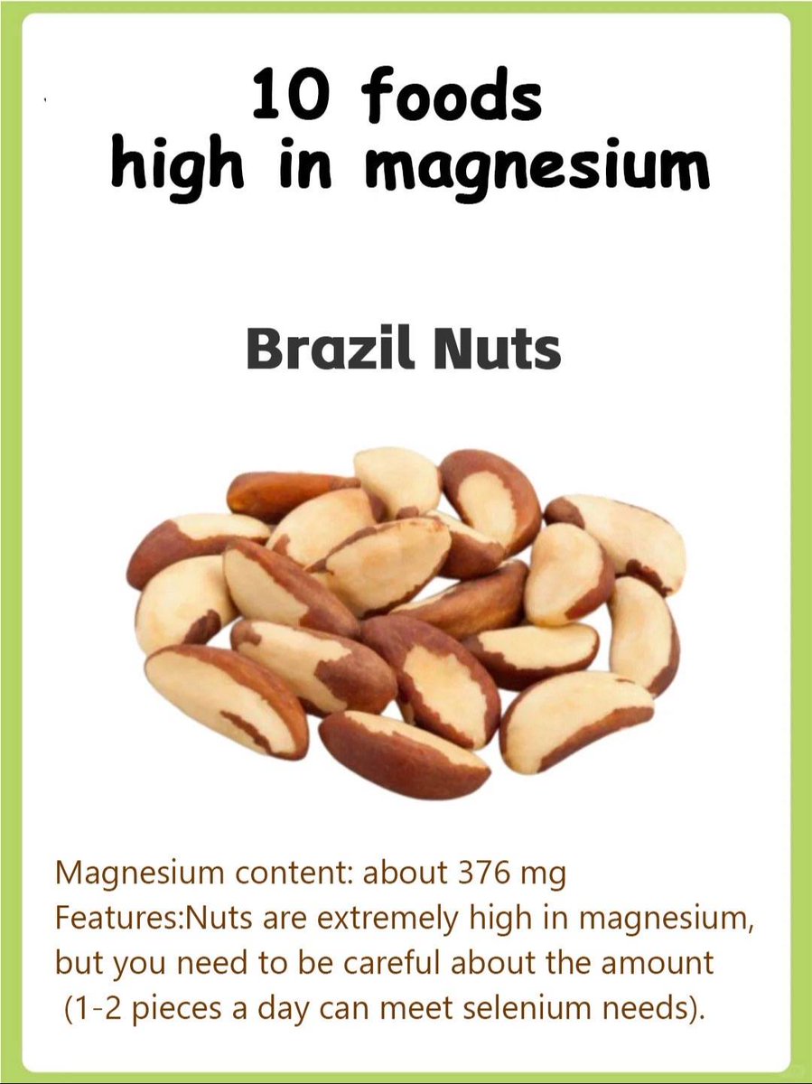 Here are 10 powerful foods that can help replenish your levels naturally ↓

1. Brazil Nuts
These nutrient-dense nuts deliver ~376 mg of magnesium per 100g.

⚠️ Just 1–2 nuts a day is enough—also high in selenium, which supports thyroid and immune function.