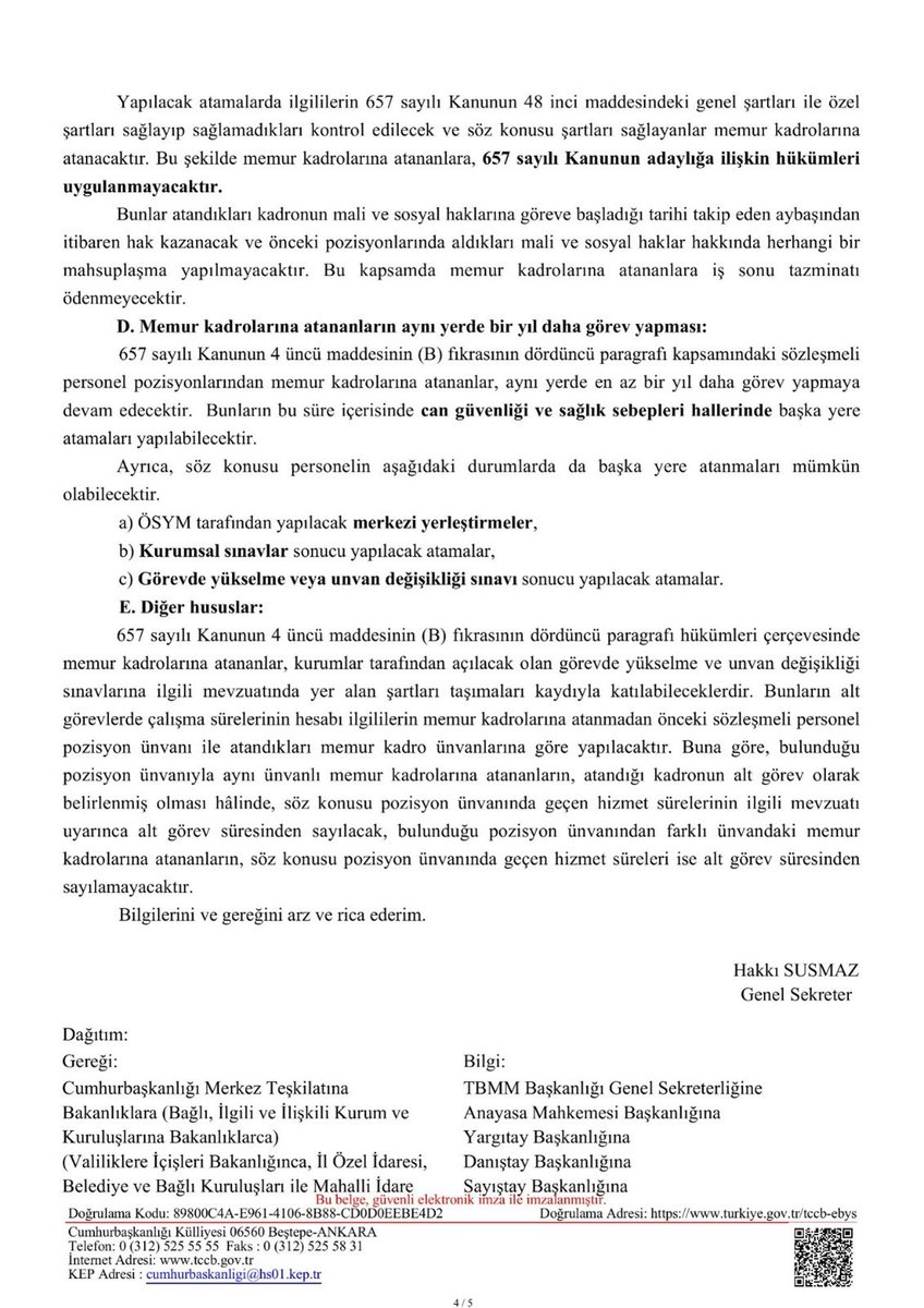 MEMUR-SEN'İN KAZANIMIYLA KADROYA GEÇİRİLECEK SÖZLEŞMELİ PERSONELE İLİŞKİN İDARELERE YAZI GÖNDERİLDİ

Memur-Sen olarak; 6. Dönem Toplu Sözleşme’de elde ettiğimiz kazanımla 2011 ve 2013 yıllarında olduğu gibi 2023 yılında da 657 sayılı DMK 4/B’li, mahalli idareler, öğretmen, sağlık