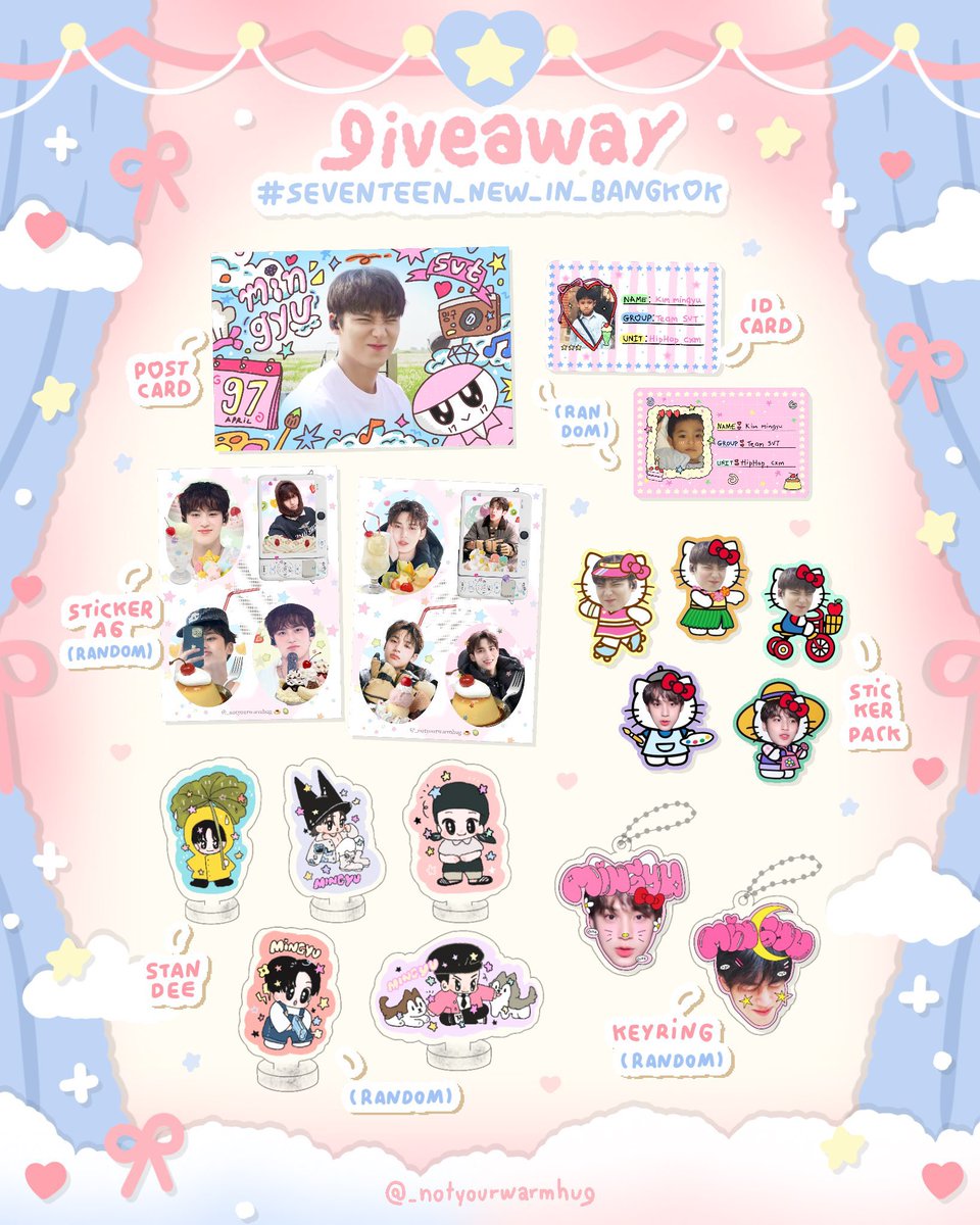 ❥･• pls kindly rt ⋆ ₊ ﾟ

giveaway for
#NEW_BANGKOK ━ 𖤐
🌙 14-15 march

50 sets ₊🪴⋆യ 🍄.*   

❝ 1 set ❞
ꔛ  postcard 
ꔛ  sticker pack
ꔛ  id card (random) 
ꔛ  keyring (random)
ꔛ  sticker a6 (random)
ꔛ  standee (random)

🥕. ˚◞

#กะรัตพระเวสสันดร
#warmhugforgyu