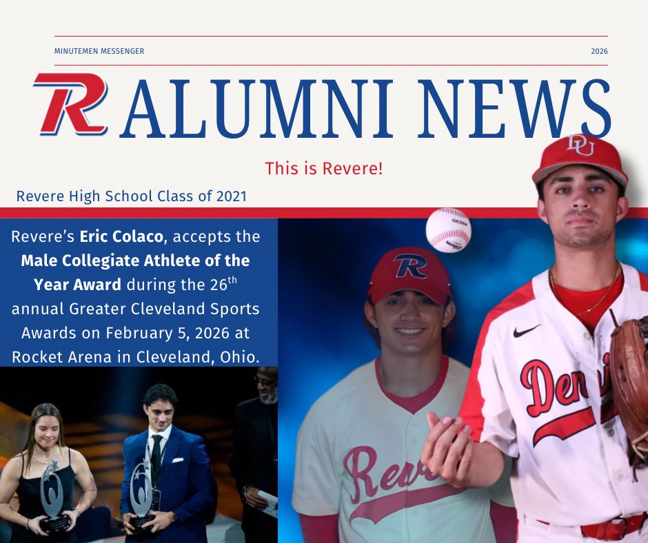 🗞️ REVERE ALUMNI NEWS:

⚾️🏆Revere’s Eric Colaco accepts the Male Collegiate Athlete of the Year Award during the 26th annual Greater Cleveland Sports Awards on February 5, 2.026 at Rocket Arena in Cleveland, Ohio!

🎓Eric is a Revere Class of 2021 Alumn!

#ThisIsRevere❤️💙