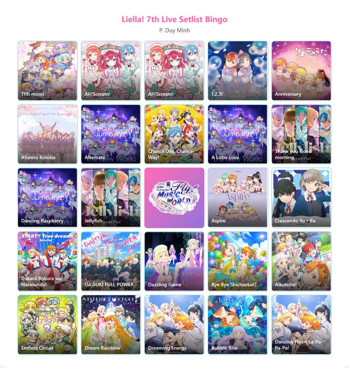 HoshiKirida's tweet photo. I made a website to create a bingo card for predicting the upcoming live setlist. Give it a try 🫶 

今後のライブセットリストを予想するビンゴカードを作るサイトを作ったんだ。試してみてね 📷 
https://t.co/qtc2O3GKeX #Liella #lovelive #Liella_7th_神奈川_Day1 https://t.co/rQhyn5A0qh