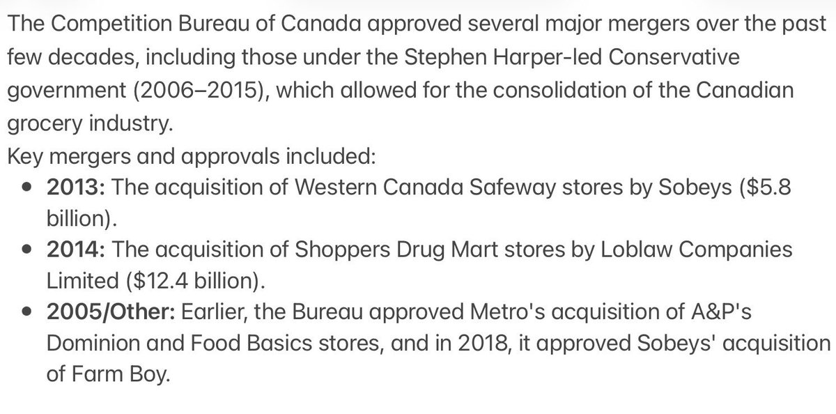 <a href="/KNugent4118/">KNugent4118 🇨🇦🇨🇦🇨🇦</a> <a href="/Nannynannynanoo/">Nathalie Dion Team Canada</a> <a href="/CTVNews/">CTV News</a> Several large mergers happened under the Harper government that allowed grocery prices to sky-rocket.  PP and Sheer are misleading Canadians.  It was the conservatives who originally created this mess!!