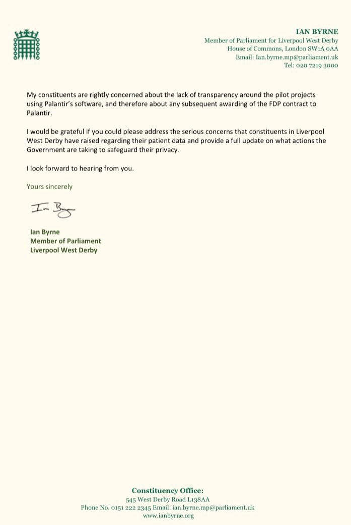 IanByrneMP's tweet image. The entire issuing of Government contracts to Palentir in light of their links to Mandelson &amp;amp; Epstein should be reviewed.
I raised the suitability of Palantir as an NHS provider to the Tory Govt in 2023 after constituents in West Derby contacted me with serious concerns.
