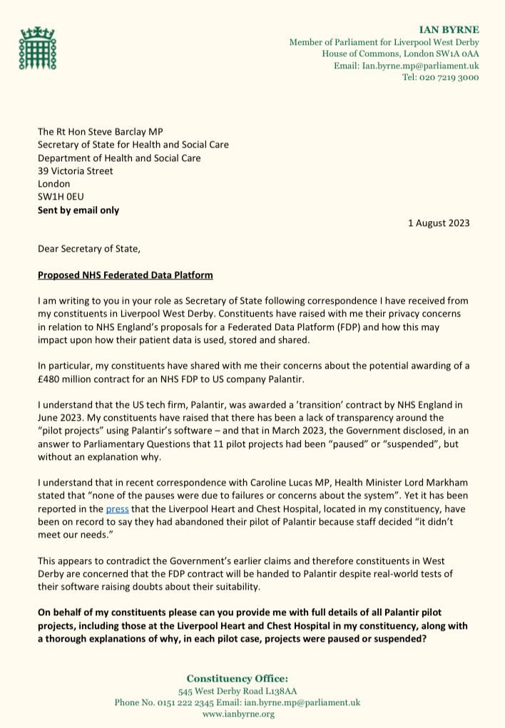IanByrneMP's tweet image. The entire issuing of Government contracts to Palentir in light of their links to Mandelson &amp;amp; Epstein should be reviewed.
I raised the suitability of Palantir as an NHS provider to the Tory Govt in 2023 after constituents in West Derby contacted me with serious concerns.