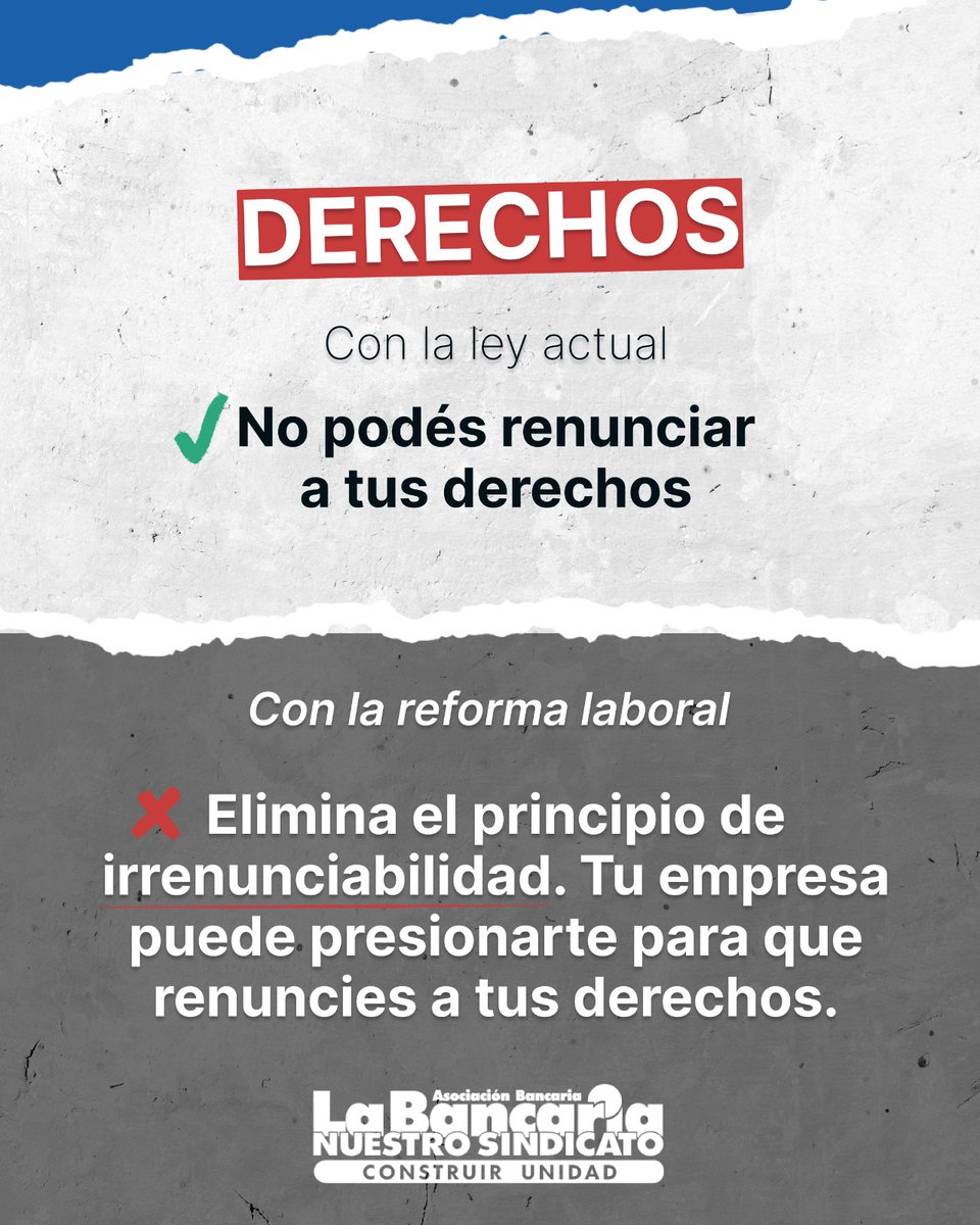 ✅ Con la ley actual no podés renunciar a tus derechos
❌ La reforma de Milei puede suprimir las mejores condiciones de tu contrato

Tus derechos están en riesgo. Frenemos la reforma laboral ✋🏼