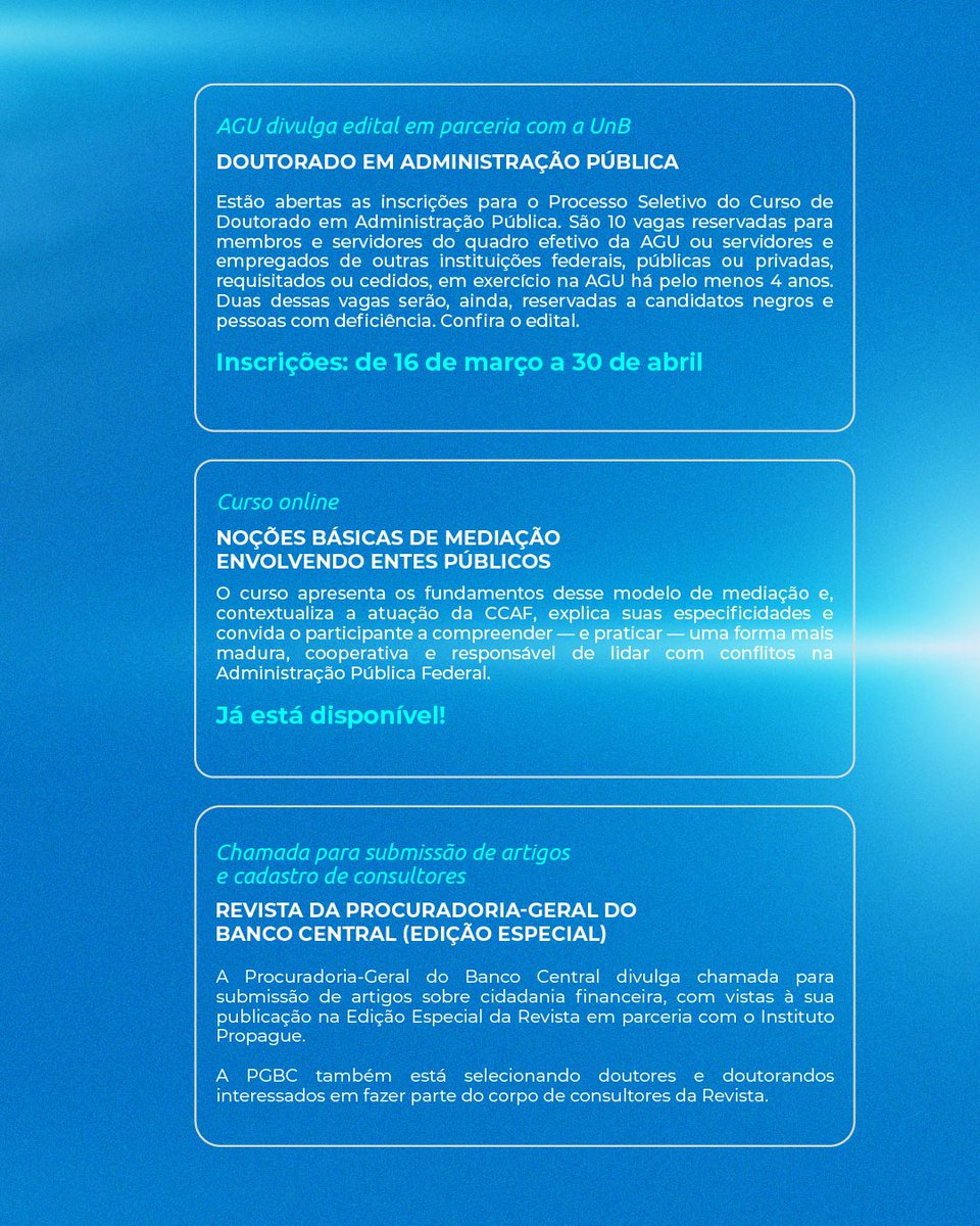 📚✨ Fique por dentro das próximas ações de desenvolvimento da ESAGU!

A Escola Superior da AGU segue promovendo capacitações e iniciativas voltadas ao fortalecimento da atuação institucional, à inovação e ao desenvolvimento de lideranças.

🔗: eva.agu.gov.br