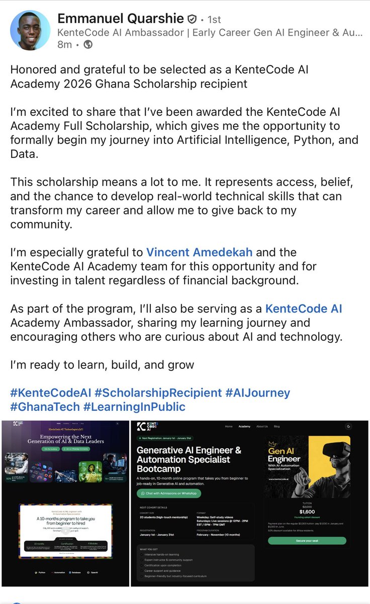 KenteCodeAI's tweet photo. Congratulations to our winner of the 2026 KenteCode AI Academy scholarship! https://t.co/BrgjsYcH2m