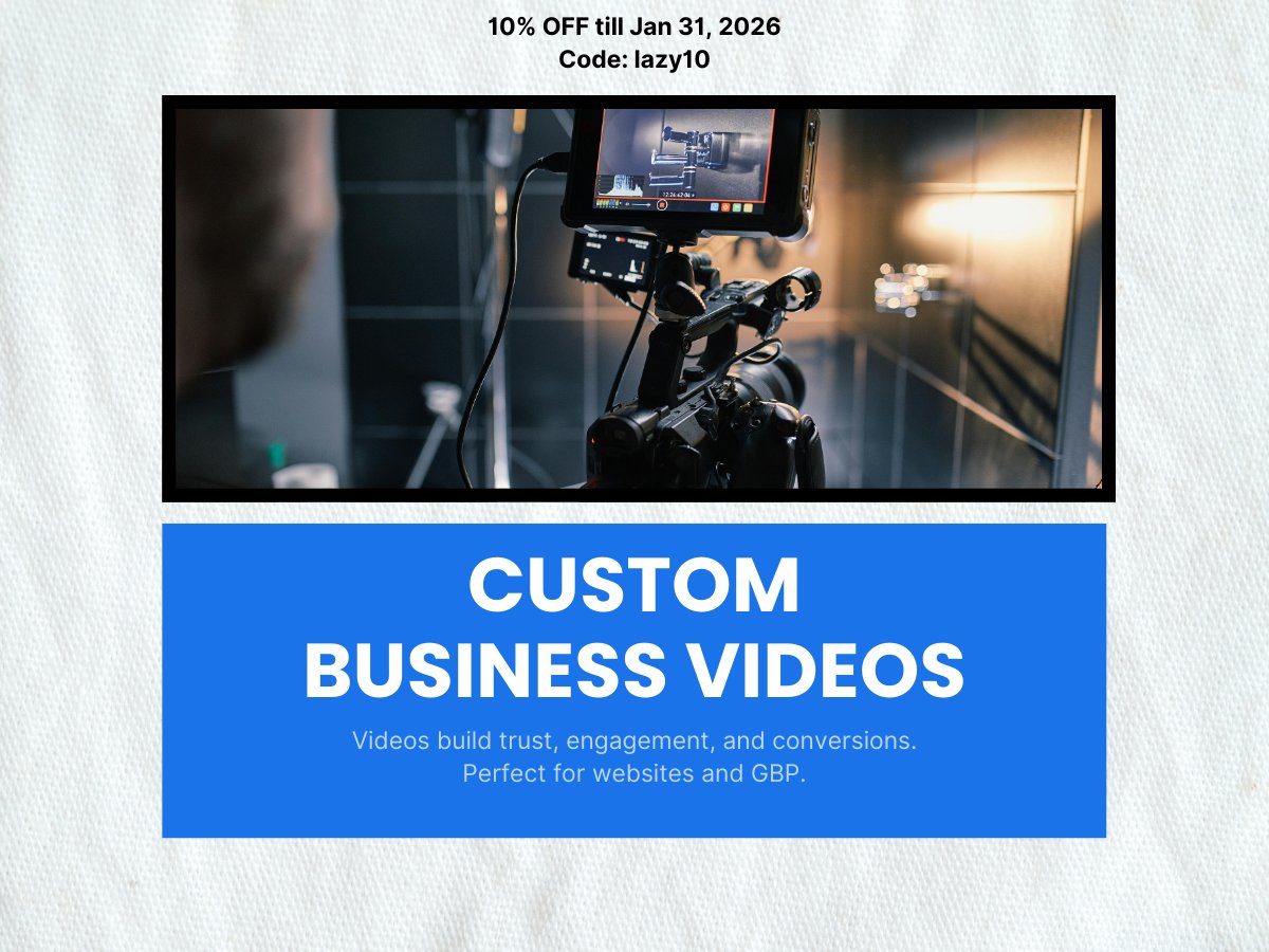 LazyLocal86747's tweet photo. Videos build trust, engagement, and conversions.
Perfect for websites and GBP.
10% OFF till Jan 31, 2026
Code: lazy10
Order now!
https://t.co/1NAUutaP7Q

#VideoMarketing #BusinessBranding #LocalSEO https://t.co/ZyUYB5xN9v
