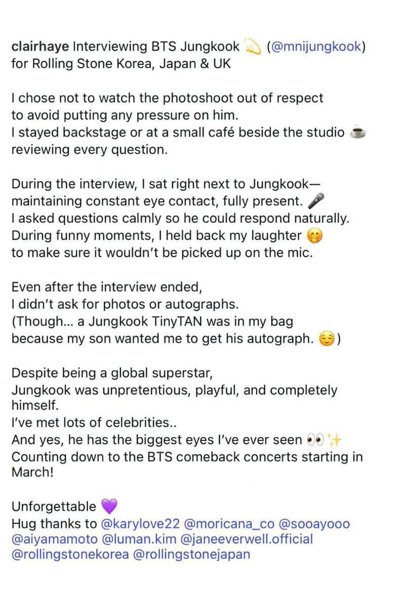 Haye Lee (the interpreter who handled Jungkook’s Rolling Stone interview) on IG:

“Despite being a global superstar, Jungkook was unpretentious, playful, and completely himself.
I've met lots of celebrities..
And yes, he has the biggest eyes I've ever seen”
