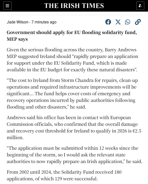 BarryAndrewsMEP's tweet image. 📰 READ: my comments to @IrishTimes on flooding in Ireland following #StormChandra
