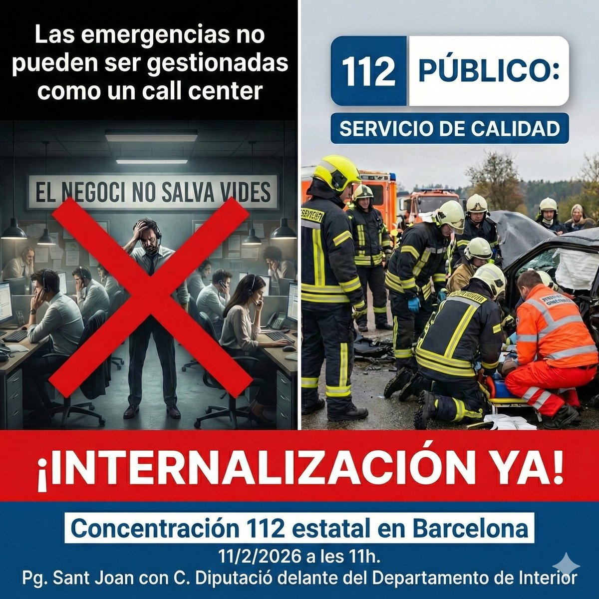 #112EnLluita✊

#112 #112Emergencies #Emergencies #Vaga112 #Vaga112Catalunya #112Catalunya #ServeiPublic112 #NoALaExternalitzacio #EnCatala #EnCatalà #Catalunya #Cataluña  #Catalonia #LHospitaletDeLlobregat #Barcelona #Reus #Lleida #Tarragona