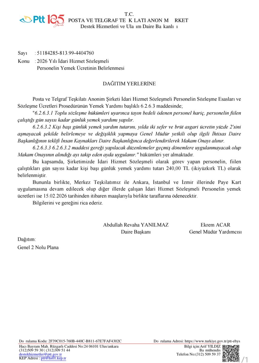 PTT A.Ş İHS Yemek Ücreti

PTT A.Ş. ile 2025 yılı Ekim ayında gerçekleştirdiğimiz Kurum İdari Kurul Toplantısında alınan karar doğrultusunda, PTT A.Ş'de görev yapan İdari Hizmet Sözleşmeli (İHS) personelin yemek ücreti %50 oranında artırılarak 160 TL’den 240 TL’ye yükseltilmiştir.