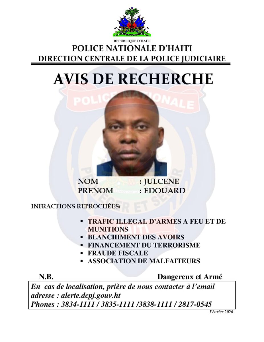 DCPJ di yap chèche ansyen Direktè jeneral Administrasyon jeneral dwan yo Julcène Edouard.Blanchiman lajan,trafik ilegal zam ak bal ,asosiyasyon malfèktè se kèk pami akizasyon kap peze sou dol.<a href="/pnh_officiel/">PNH</a> <a href="/MARADIOFM/">Radio RFM 104.9</a> <a href="/rtvgalaxie/">Radio Télé Galaxie</a> <a href="/juno7/">Juno7</a>