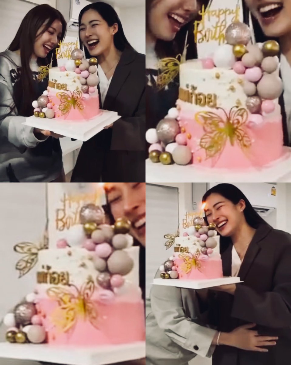 ดีเทลเค้ก สีชมพู ผีเสื้อ แปะชื่อแม่ก้อย น่ารักมาก 🥺