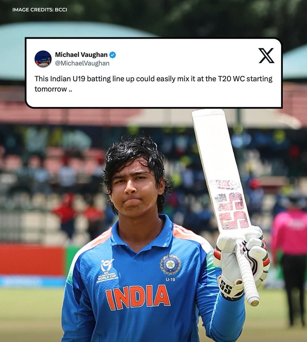 _VK86's tweet photo. @MichaelVaughan Michael Vaughan feels India’s U19 batters are already T20 World Cup-ready. 😅🧨

#INDvENG #Harare #U19WorldCup https://t.co/cUL4UdbAC9