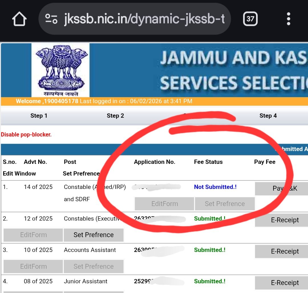 akramshakeel3's tweet photo. Hello @jkssbofficial
 Submitted this form on 5 Feb 2026 and Paid the fee of 700 at 1:15pm  however its over 24 hours and the fee status hasn't been updated yet, unable to call / email so what's the solution? 
#jkssb #jkssbjrassistant #jkpconstable #jkssbexam #jkupdates https://t.co/Py1k8J7lg0