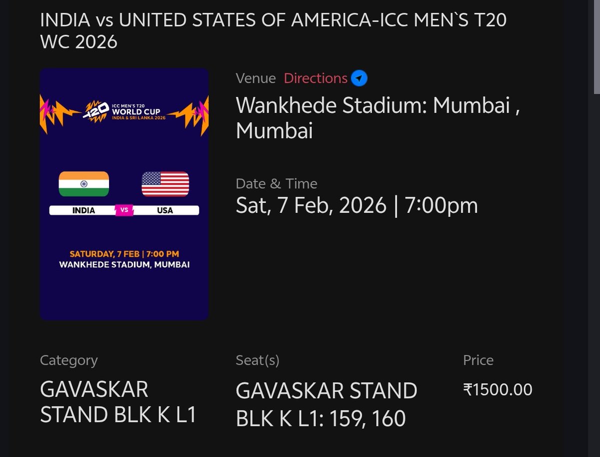ICC Men's T20 world cup 2026
India Vs USA
Level 1 tickets 
At 1250 each 
Dm fastt
Limited time offer 
Instant transfer 
.
.
.
#icct20worldcup2026 #T20WorldCup2026 #indvsusa #mumbai #tickets #T20WC2026 
#ticketforsale