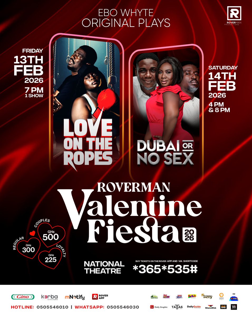 The stage is set! National Theatre hosts "Love On The Ropes" &amp; "Dubai Or No Sex" next week. Get your tickets: *365*535# or Use the Rover App! You can’t miss this 🔥🔥 <a href="/rovermangh/">ROVERMAN VALENTINE'S FIESTA</a> #RovermanValentineFiesta