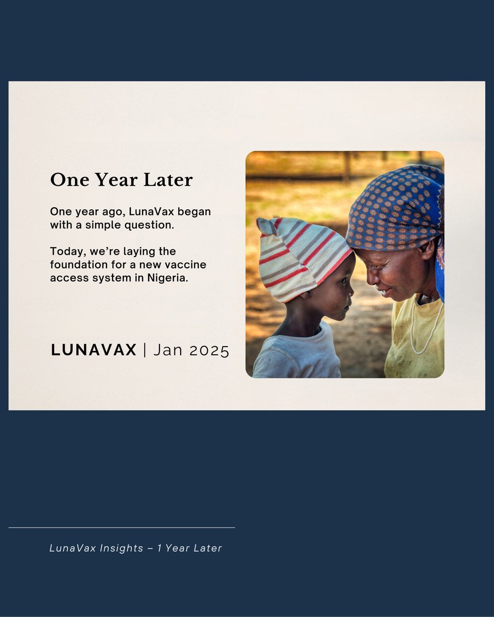 luna_vax's tweet photo. One year ago, LunaVax began with a simple question.
Today, we’re laying the foundation for a new vaccine access system in Nigeria.

Read our one-year reflection and what comes next:
https://t.co/ii41cJD69k

#LunaVax #OneYearLater #GlobalHealth https://t.co/C099aroHu0