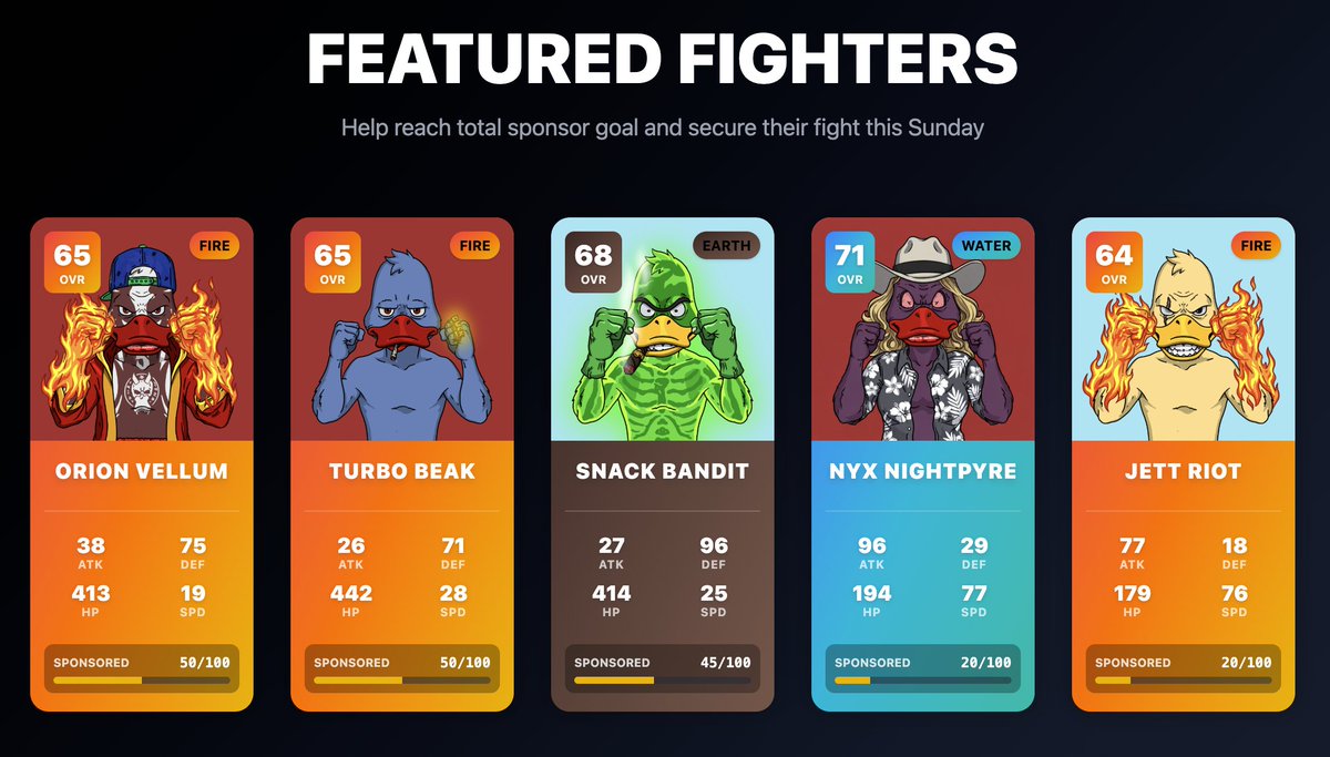 Duck Club runs on USDT. 

That means your bets don’t get diluted if the crypto market goes down.

In fact… if the blood keeps flowing, it’s actually good
because the 2.5% of the pot used for collection sweeps gains more purchasing power.

We already have 3 fighters registered