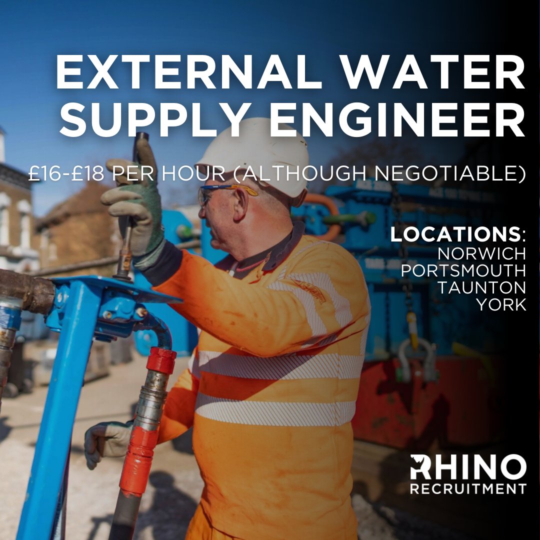 🦏 Looking for External Water Supply Engineers in Norwich, Portsmouth, Taunton &amp; York 🦏
💰 Salary: £16–£18 per hour (negotiable)

Job Overview
Rhino Recruitment is looking for multiple External Water Supply Engineers to carry out repairs and replacements on domestic external