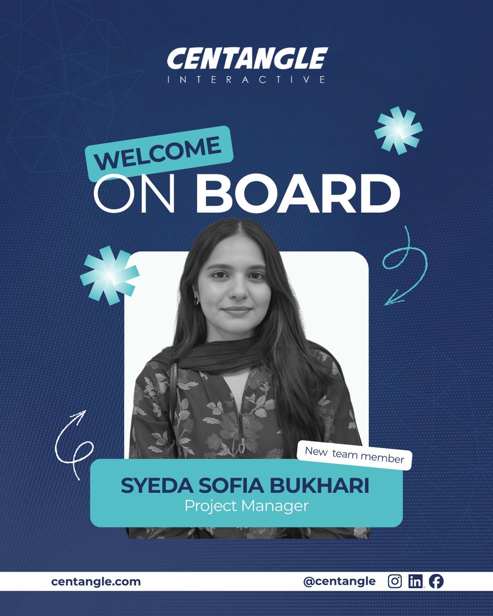centangle's tweet photo. Some new faces at @centangle this month:

Sitara Haider joins as a Graphic Designer.
Syeda Sofia Bukhari joins as Project Manager.
Haina Faraz joins as Digital Marketing Intern.

Welcome on board!

#Centangle #DigitalVenture #ProjectManagement #GraphicDesign #DigitalMarketing https://t.co/c4rMYwYRKT