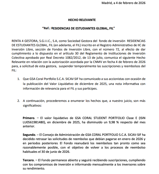 Las residencias de estudiantes nunca caen....

GSA Coral suspende reembolsos durante 6 meses y anuncia una caída de casi el 10% de su valor liquidativo.