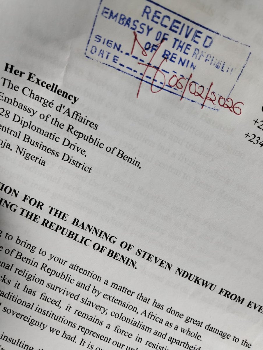 Today, at the embassy of the Republic of Benin, I submitted a petition for the banning of <a href="/SteveNdukwu/">Steven Ndukwu</a> from ever entering the Republic of Benin.
In the coming weeks, I will be in Cotonou where I hope to meet with the minister of Culture and Tourism, honorable Babalola Jean-Michel