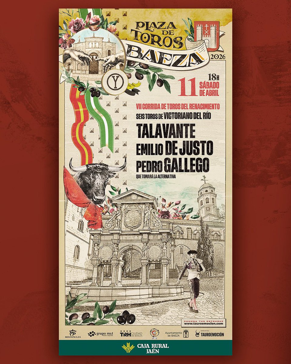 🙋🏼‍♂️¡𝗡𝗢𝗦 𝗩𝗘𝗠𝗢𝗦 𝗘𝗡 𝗕𝗔𝗘𝗭𝗔! 11 de abril, 𝗩𝗜𝗜 𝗖𝗢𝗥𝗥𝗜𝗗𝗔 𝗗𝗘𝗟 𝗥𝗘𝗡𝗔𝗖𝗜𝗠𝗜𝗘𝗡𝗧𝗢.

𝗧𝗔𝗟𝗔𝗩𝗔𝗡𝗧𝗘, 𝗗𝗘 𝗝𝗨𝗦𝗧𝗢 𝘆 𝗣𝗘𝗗𝗥𝗢 𝗚𝗔𝗟𝗟𝗘𝗚𝗢 con toros de Victoriano del Río. 🔜

🚨¡𝗩𝗘𝗡𝗧𝗔 𝗘𝗡𝗧𝗥𝗔𝗗𝗔𝗦! Populo Baeza y tauroemocion.es