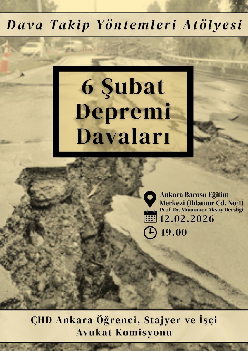 6 Şubat 2023'te hayatını kaybedenleri saygıyla anıyoruz.

Derneğimiz tarafından takip edilen deprem dosyalarını konuşmak üzere tüm hukuk öğrencileri ve meslektaşlarımızı atölyemize bekliyoruz.

🗓️12 Şubat 2026
⏰19:00
📍Ankara Barosu Eğitim Merkezi
