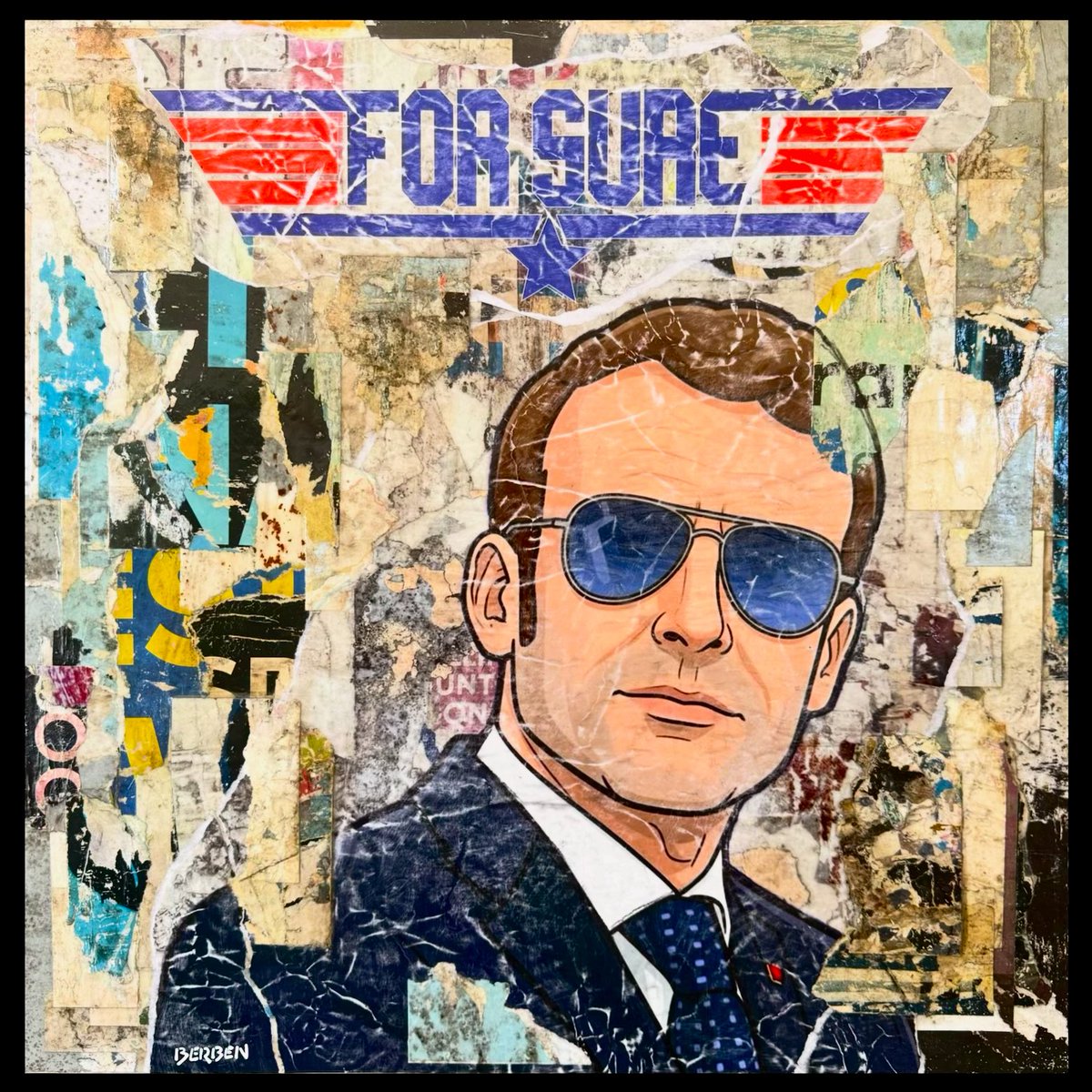 Un collectionneur m’a lancé un défi.

➡️ <a href="/EmmanuelMacron/">Emmanuel Macron</a>, lunettes bleues, “Fore Sure…”

J’ai dit oui 😎

Un clin d’œil à l’actualité, beaucoup de second degré.

Une œuvre 100 % humour, 0 % politique, parce que l’art peut aussi faire sourire… 

<a href="/Elysee/">Élysée</a>