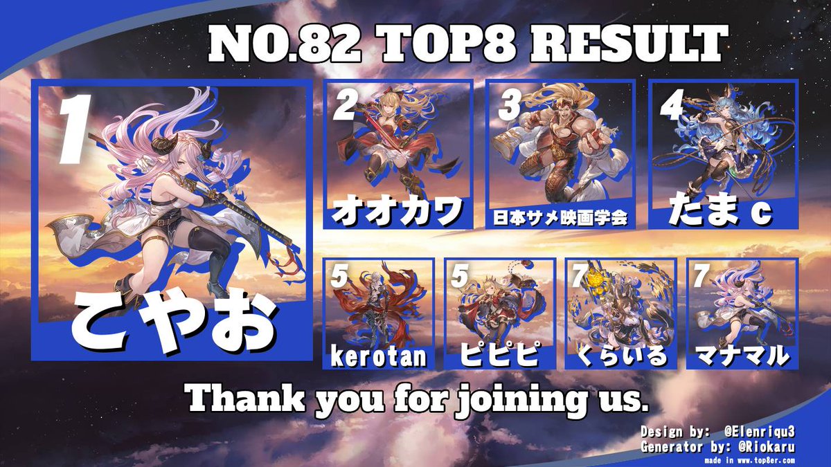 【大会終了】
第82回 GBVSR 家庭用オンライン大会「金曜だから夜更かし」終了！

圧倒的！開いた口がふさがらない！
強すぎる存在感で見事優勝まで駆け上がったのはこのお方！

優勝
こやお（ナルメア）<a href="/koyao07/">こやお</a>

ご参加ありがとうございました！