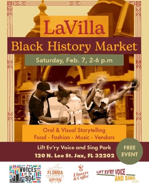Black History Month celebrations continue this weekend in LaVilla at the first ever Black History Market:

🔶 Saturday, February 7th 
🔶 2:00–6:00 PM
🔶 120 N. Lee Street

Join us as we help honor the historic neighborhood that shaped Jacksonville's identity and rich heritage.