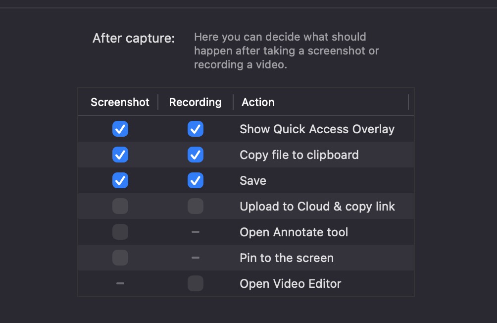 CleanShot actions settings