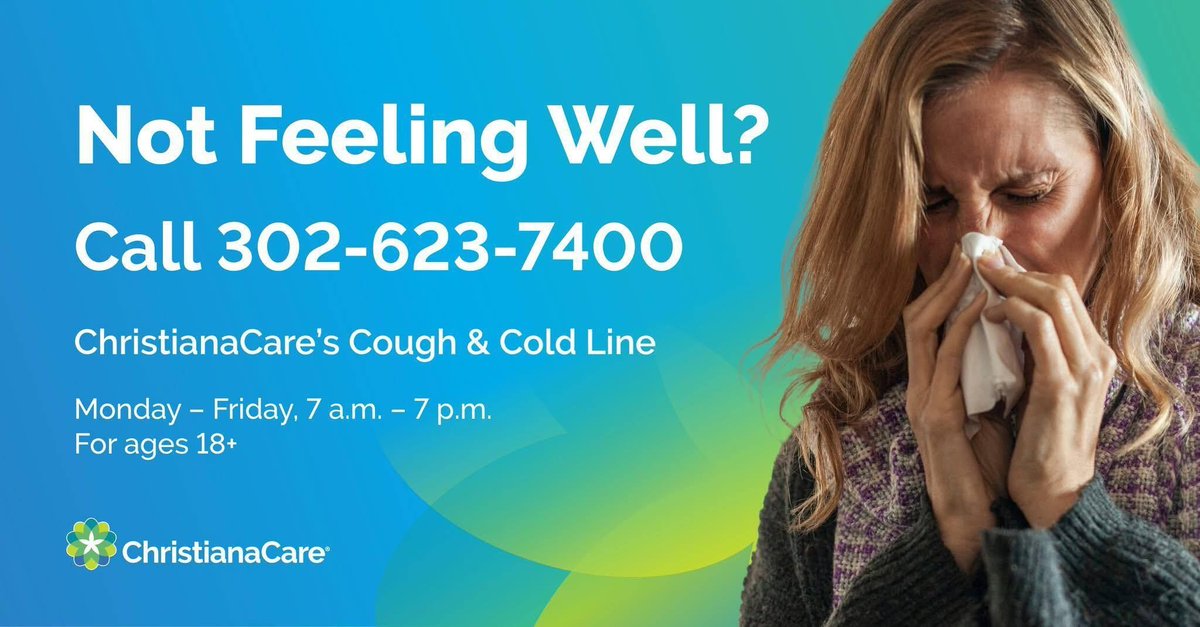 DelawareHealth1's tweet photo. Did you know that ChristianaCare has a Cough &amp; Cold Line for adults 18+ to guide you through cold, flu, or COVID-19 symptoms? Call 302-623-7400 | Monday–Friday, 7 a.m.–7 p.m.

https://t.co/4jej2PPbVE https://t.co/8gYfEDcs7x