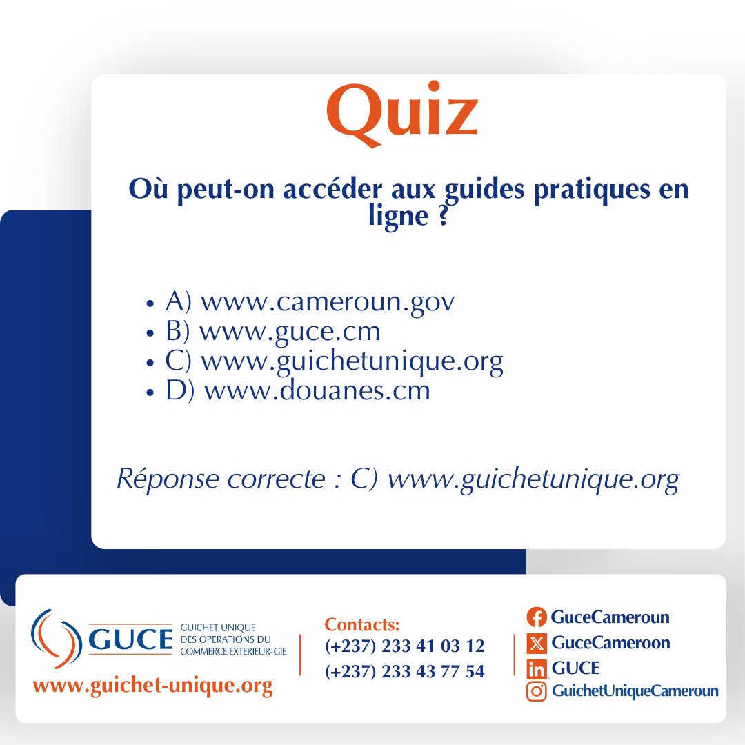 📌 #QuizGUCE 
#QuizTime 
Que savez-vous du GUCE ? 🤔
 Après notre enquête de février 2025, il est temps de tester vos connaissances sur la plateforme ! 
Prêts ? À vos marques... Quizzez ! 

Votre satisfaction guide nos actions. 💪

#GUCE