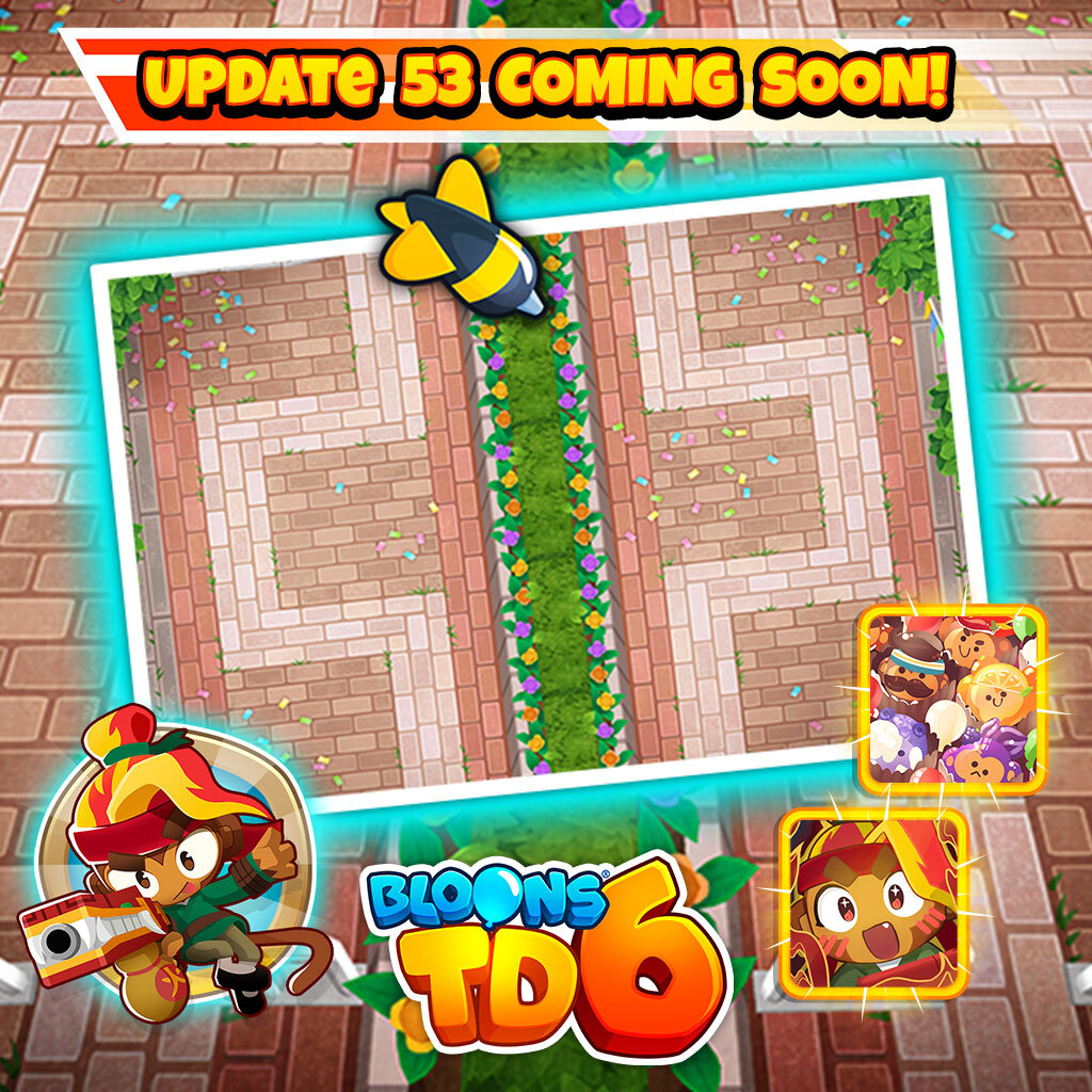 ninjakiwigames's tweet photo. Update 53 is coming soon for Bloons TD 6! Introducing a "fire" new Gwen skin, a very tough new Advanced map, and more! Get the full rundown in the update video and preview notes linked below ⬇️🎈

📺 https://t.co/6g43L8LiMU
🗒️ https://t.co/eDDtldOuYU https://t.co/3X2cYGWeWa
