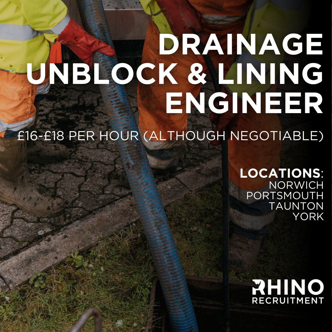 🦏 Looking for Drainage Engineers in Norwich, Portsmouth, Taunton &amp; York 🦏 
💰 £16–£18 per hour (DOE negotiable)

Rhino Recruitment is looking for experienced drainage engineers to carry out unblocking, CCTV surveys, and no-dig drain lining across domestic, commercial, and