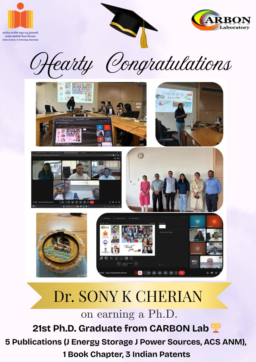 Chans2k2's tweet photo. Congrats to Dr. Sony Cherian on successfully earning her Ph.D.!
A proud milestone for #CarbonLab as she becomes our 21st PhD graduate with 6 publications, 1 Book chapter & 3 patents, reflecting dedication, excellence & impactful research.
Wishing her continued success ahead!👏✨ https://t.co/zrfOnmtS27