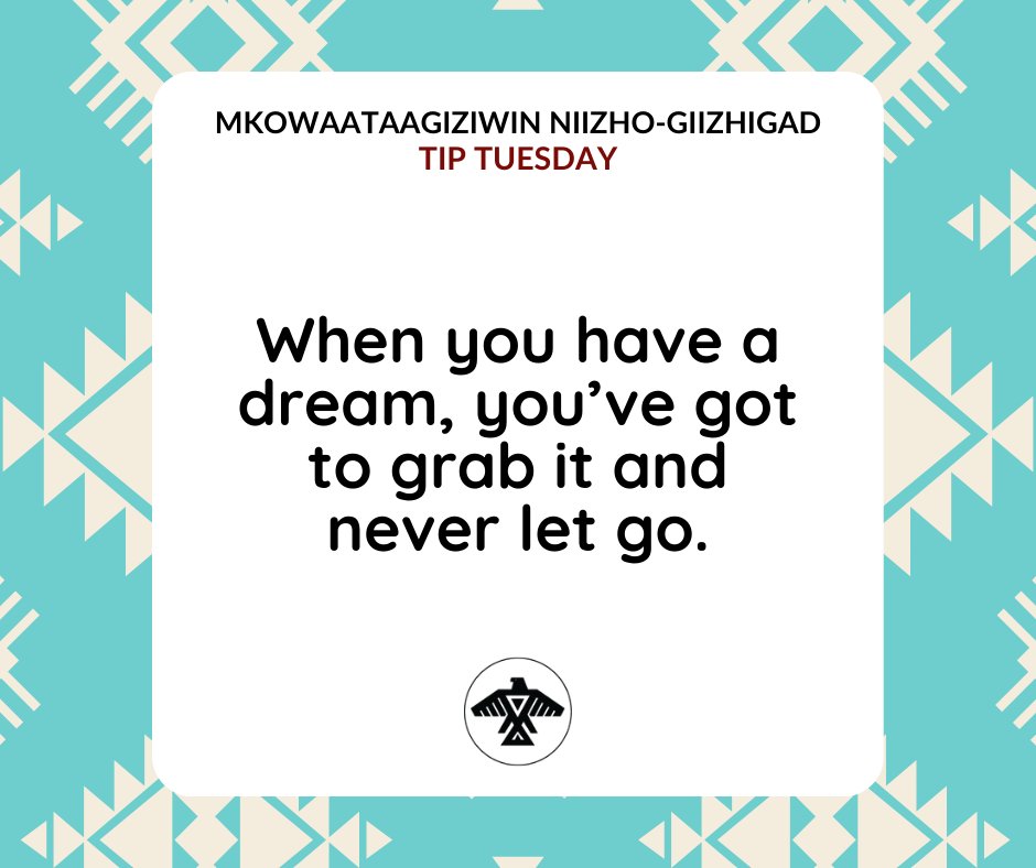 AnishNation's tweet image. Mkowaataagiziwin Niizho-Giizhigad
#TipTuesday

When you have a dream, you’ve got to grab it and never let go.