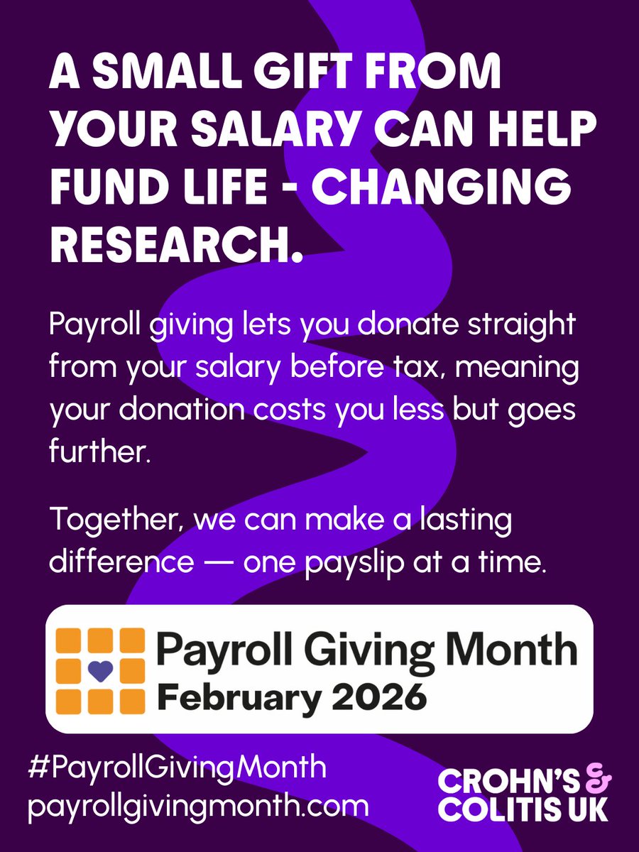 CrohnsColitisUK's tweet photo. It's #PayrollGivingMonth

A small gift from your salary can help fund life-changing research, provide vital support, and bring hope to people facing these conditions every single day. 
 
Visit: https://t.co/ihPO0WbRow 

#Crohns #Colitis #InflammatoryBowelDisease #IBD https://t.co/EYAHh52W17