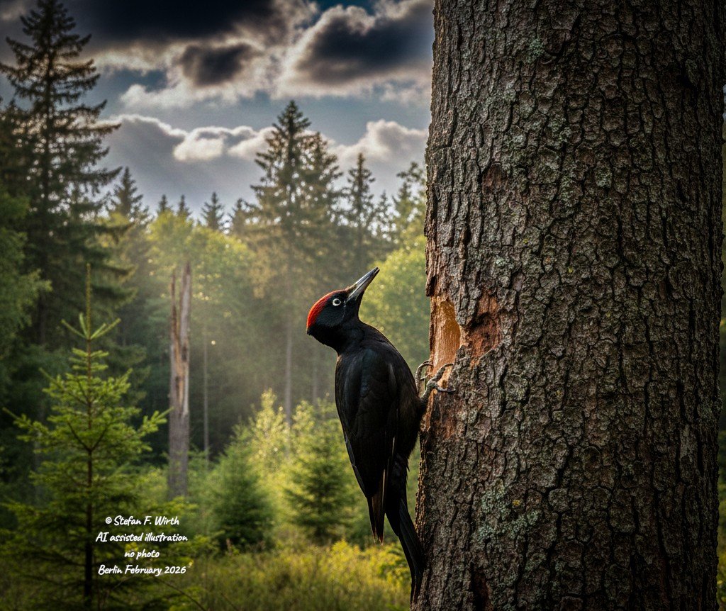 wirthstef's tweet photo. About the #blackwoodpecker #Dryocopus #martius (#Piciformes), its #distribution and #biology, as well as the questions of why the #beak does #notgetstuck in the wood when hammering and how woodpeckers minimize the #cranialabsorption of shocks during their #pecking performance.
The black woodpecker is widespread throughout the central and northern #Palearctic region and occurs in lowlands as well as in mountainous areas up to the tree line. The highest #nestingcavities have been discovered at altitudes above 2200 m.
The species is quite adaptable with regard to the #forest areas it inhabits and, with appropriate acclimatization, can also breed in urban #parks. Originally, it likely inhabited dense forests near mountainous regions, predominantly composed of #beech and scattered #spruce trees. Mixed forests of oak and pine are also commonly used as habitat.
This woodpecker #species #feeds on #wooddwelling insects, which it locates by tapping on cavities in the wood and exposing by vigorously hammering into the wood with its beak. Tree-dwelling #antspecies are particularly often favored. The black woodpecker is generally #territorial and only migrates in winter under very harsh conditions, and even then, it typically travels short distances only. In #winter, this woodpecker likes to expose ant nests in order to continue to have a #foodsupply during the cold season.
The black woodpecker usually begins its #courtship in March. The two partners are seasonally #monogamous, and further matings by the same partners in subsequent years can happen. Various tree species are suitable for excavating the #nest cavity. However, beech trees are preferred due to the stability of their wood.
Authors S. Van Wassenbergh et al. (2022a) investigated how black woodpeckers manage to #withdraw their #beaks from wood after boring into it, whereas a #nail driven into wood by a #carpenter always remains firmly embedded. To study this, the authors filmed two birds in Central European zoos with a #highspeed #camera and analyzed the function of the beak and #skull in single-frame images. Their findings showed that the independent #mobility of the #upper and #lower peaks allows the woodpecker to, in effect, "work" its beak out of the wood #stepwise.
In a separate study, S. Van Wassenbergh et al. (2022b) examined three woodpecker species to investigate whether the skull structure actually acts like a bicycle helmet by absorbing the shock of the beak impact on the wood. Their studies refuted this hypothesis. It turned out that the #stiffness of the #skeleton, especially in the skull area, is what makes the successful #tappingperformance possible in the first place.
Using numerical simulations, the authors were also able to show that #braincase size and shape are designed to withstand #intracranial #pressure well.
© #StefanFWirth Berlin January 2026
References:
S. Van Wassenbergh et al. (2022a):
https://t.co/DYTue5NxJL
S. Van Wassenbergh et al. (2022a):
https://t.co/9Pvk4Ntz8T
News from Science on X with #video footage (2026):
https://t.co/kou5gdPFjk
#Pictures
© Stefan F. Wirth, #AI assisted #illustrations of the black woodpecker in a typical Forest habitat during its search for wood inhabiting prey, these are no photographs, Berlin, February 2026