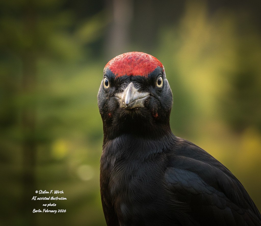 About the #blackwoodpecker #Dryocopus #martius (#Piciformes), its #distribution and #biology, as well as the questions of why the #beak does #notgetstuck in the wood when hammering and how woodpeckers minimize the #cranialabsorption of shocks during their #pecking performance.