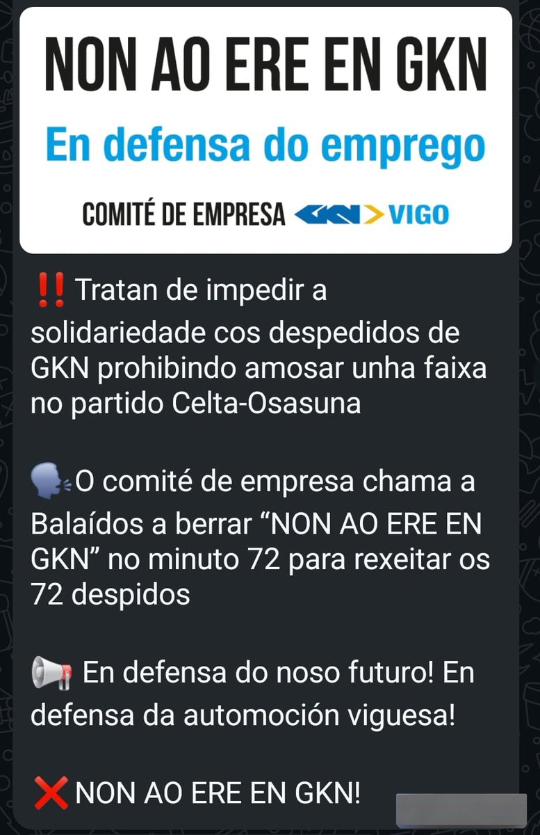 O noso apoio e solidaridade cos traballadores, en especial ós nosos celtistas, de GKN.

A intención é hoxe despregar en Balaidos unha faixa mostrando o apoio dos traballadores despedidos.

Solicitan que no minuto 72 hoxe no #CeltaOsasuna Balaidos berre "Non ao ERE en GKN"